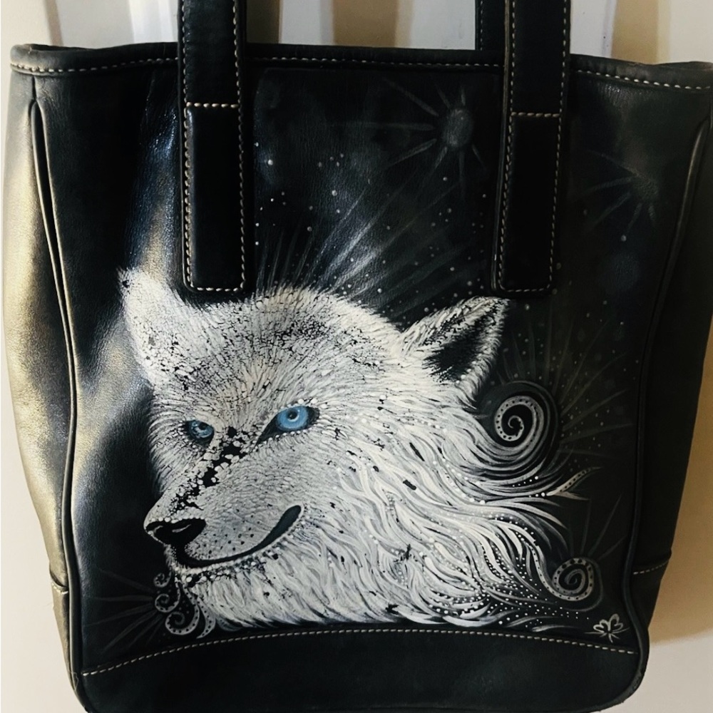 Extremely Rare Authentic Vintage Black Coach Tote Bag with Hand Painted Wolf - Picture 7 of 10
